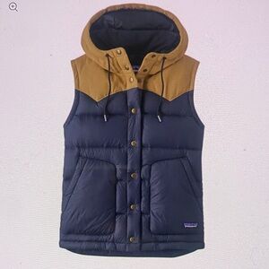 Patagonia Bivy Navy and Tan Hooded Puffer Down Vest